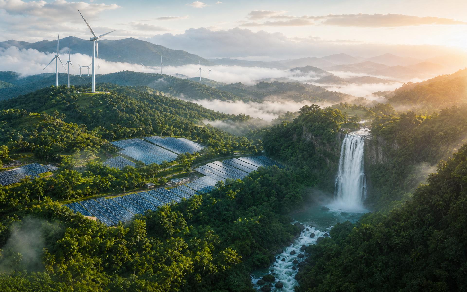 Large-scale solar energy infrastructure at sunset