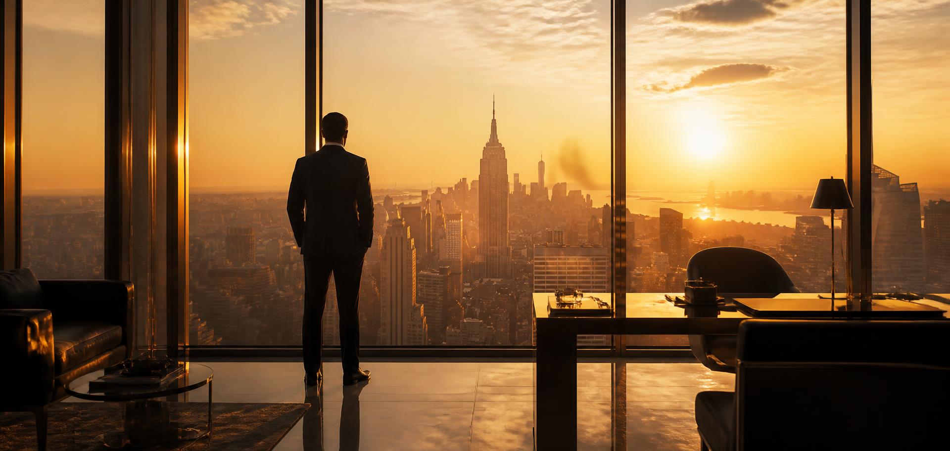 A figure looking out over a city skyline at dusk